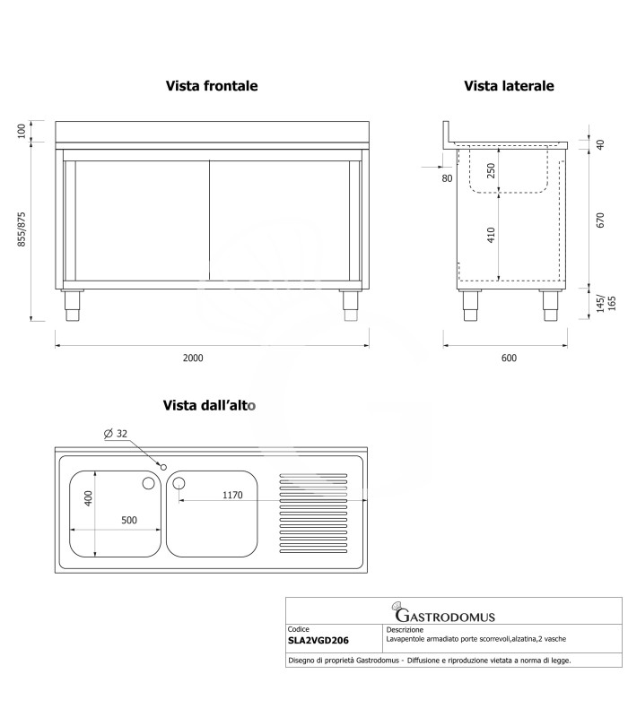 Spülschrank, Edelstahl, Schiebetüren, 2 Becken, Abtropffläche rechts, Aufkantung, Hahnloch Ø 32 mm, B 2000 x T 600 x H 965 mm