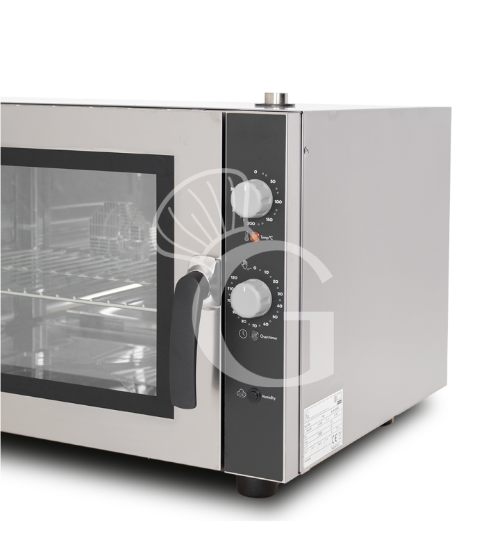 Elektro Heißluftofen, für die Bäckerei, Luftbefeuchter, Flügeltür, mechanische Steuerung, dreiphasig, 4 Backbleche (600x400 mm)