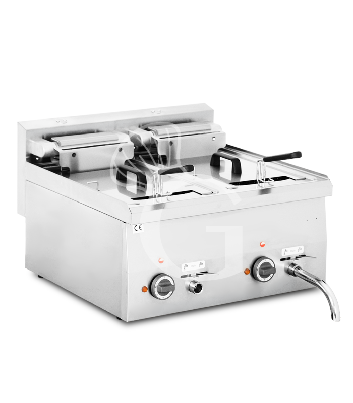 Profi Elektro-Fritteuse mit 2 Becken (2 x 10 Liter), Tischgerät, Leistung 15 kW – dreiphasig