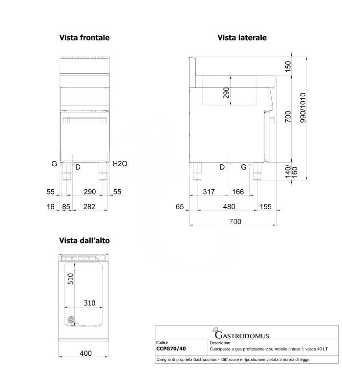 Profi Gas-Nudelkocher, 1 Becken (40 Liter) mit Schrank (B 400 mm x T 700 mm x H 850 mm)
