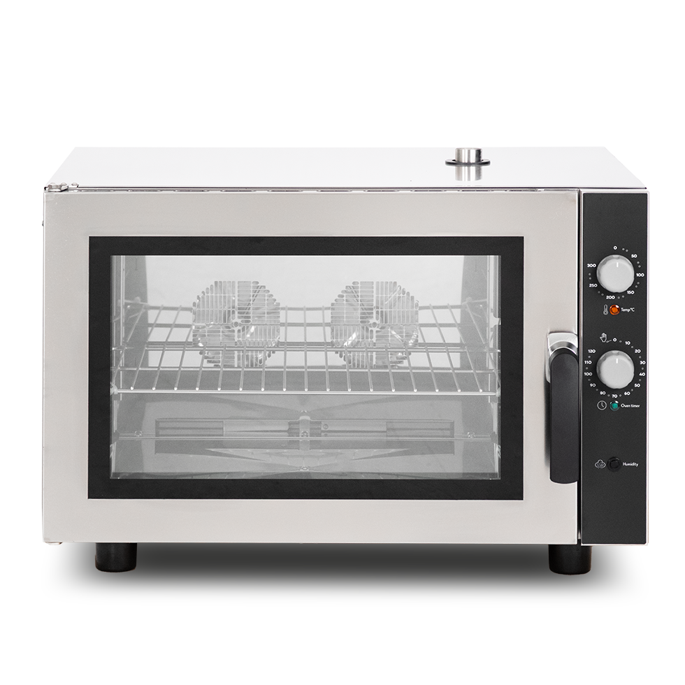 Elektro Heißluftofen, für die Bäckerei, Luftbefeuchter, Flügeltür, mechanische Steuerung, einphasig, 4 Backbleche (600x400 mm)