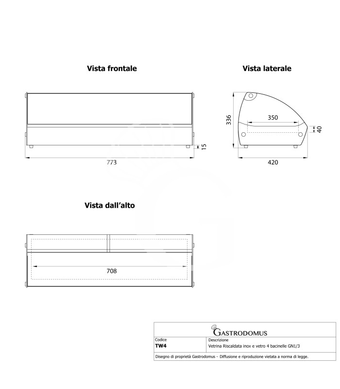 Warmhaltevitrine, Edelstahl und Glas, 4 GN1/3 Behälter (H 40 mm), B 773 mm X T 420 mm X H 336 mm