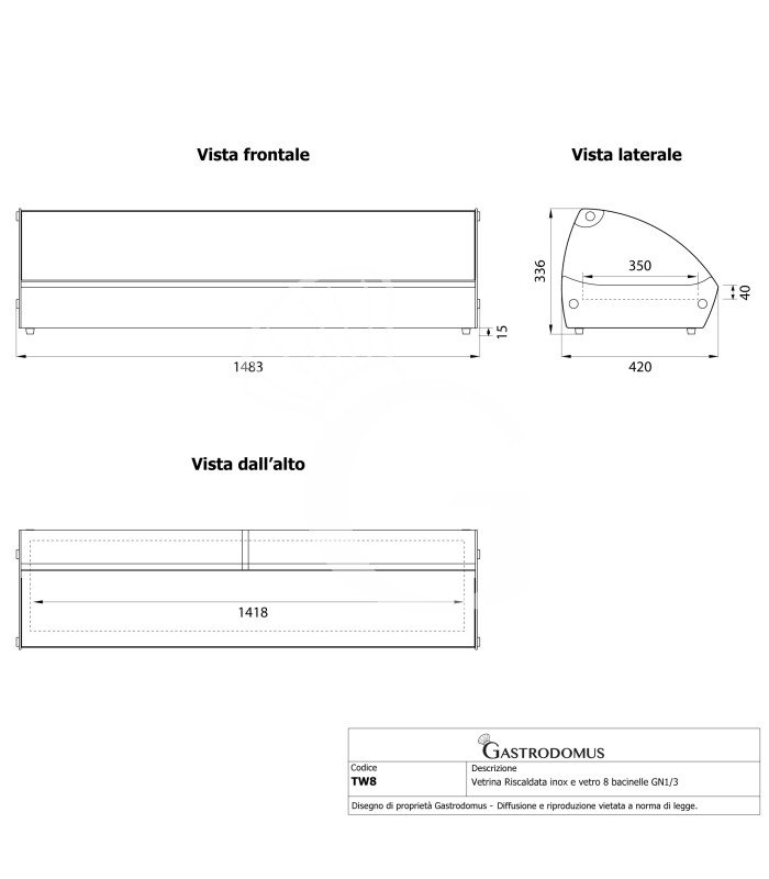 Warmhaltevitrine, Edelstahl und Glas, 8 GN1/3 Behälter (H 40 mm), B 1483 mm X T 420 mm X H 336 mm
