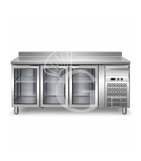 Kühltisch, Umluftkühlung, 3 Glastüren, Aufkantung, Tiefe 700 mm, +2°C/+8°C
