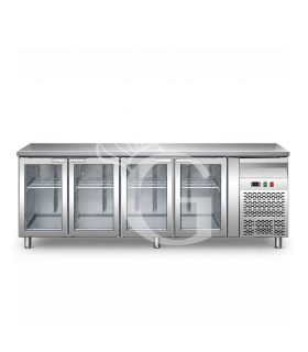 Kühltisch, Umluftkühlung, 4 Glastüren, Aufkantung, Tiefe 700 mm, +2°C/+8°C