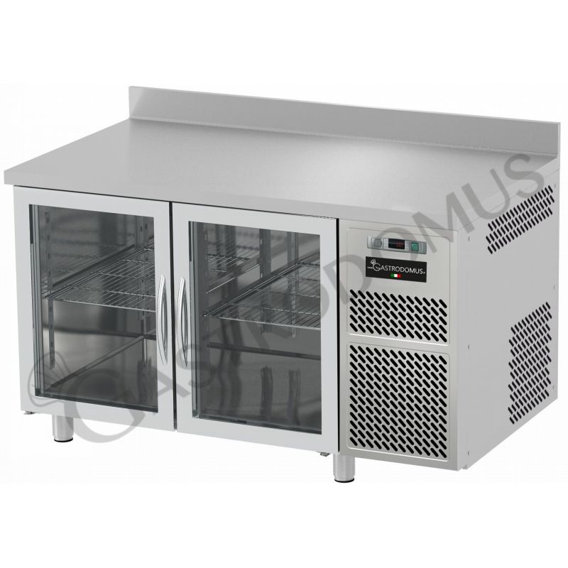 Kühltisch, 2 Glastüren, Aufkantung, Tiefe 600 mm, 0°C/+10°C, Edelstahl