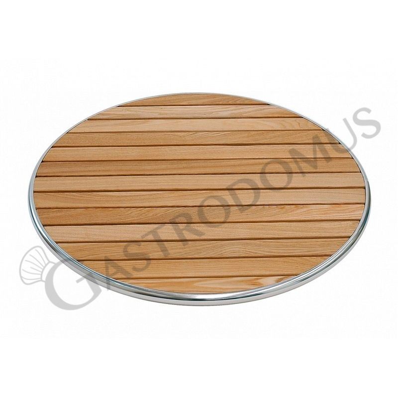 Holzlatten - Tischplatte, Aluminiumrand, für den Außenbereich, Ø 700 mm