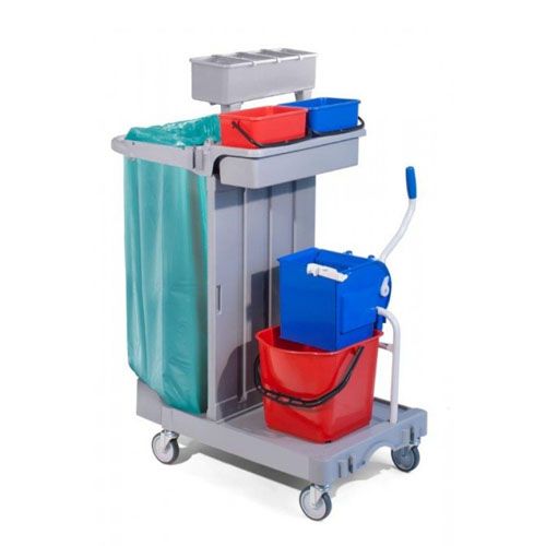 Systemwagen aus Kunststoff, Mopp- und Besenstielhalter, Flaschenhalter, B 1070 mm x T 560 mm x H 1110 mm