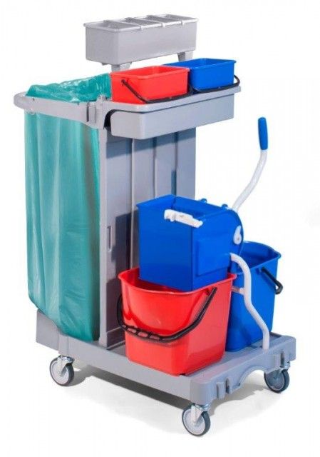 Systemwagen/Reinigungswagen, Mopp- und Besenstielhalter, Flaschenhalter, B 920 mm x T 680 mm x H 1240 mm