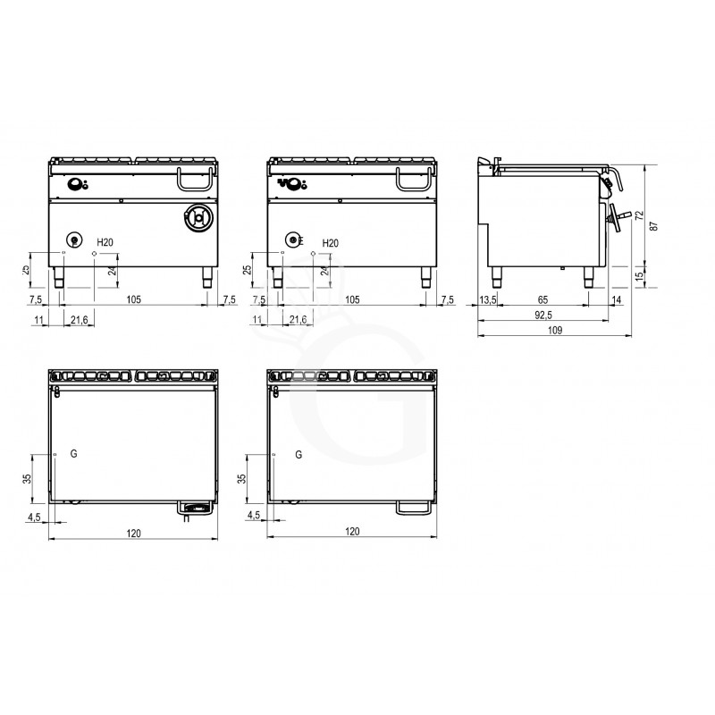 Gas Kippbratpfanne, 120 Liter, Standgerät, automatische Kippung, B 1200 mm x T 900 mm x H 870 mm