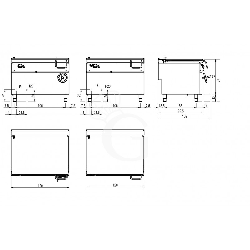 Elektro Kippbratpfanne 120 Liter, Standgerät, manuell kippbar, B 1200 mm x T 900 mm x H 870 mm