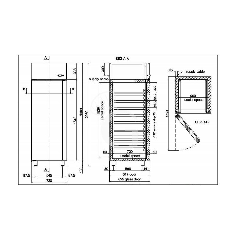 Kühlschrank (700 Liter), Edelstahl, Glastür, Umluftkühlung, Temperatur -2°C /+10°C