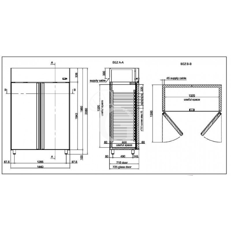 Kühlschrank (1200 Liter), Edelstahl, 2 Glastüren, Umluftkühlung, Temperatur -2°C /+10°C