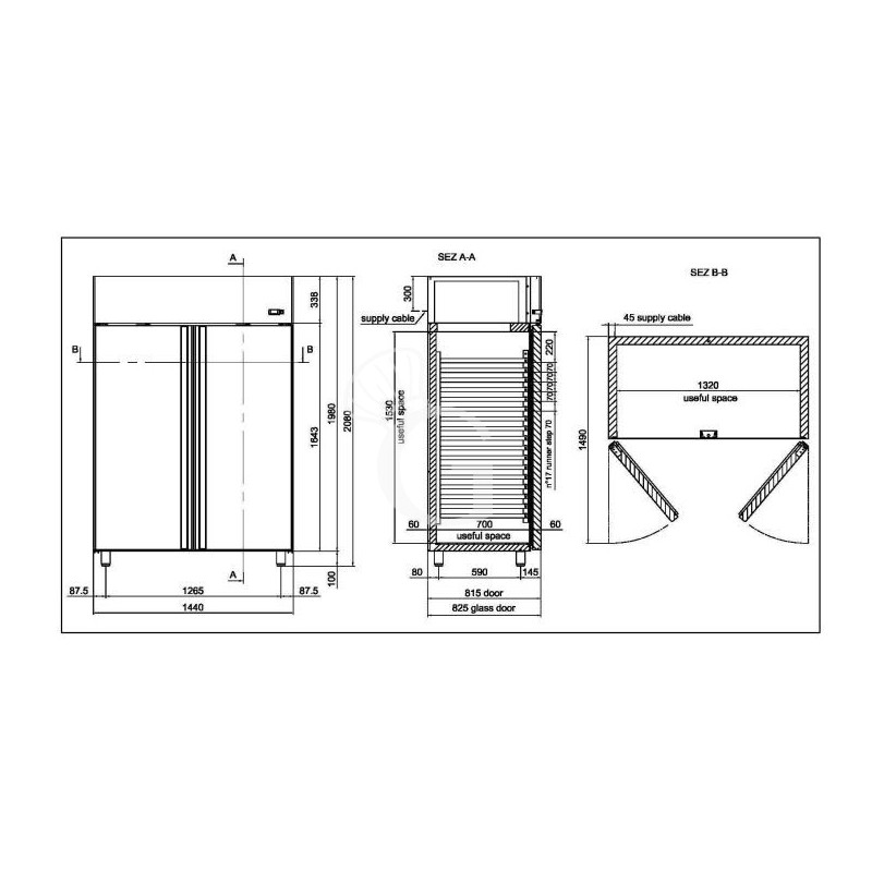 Kühlschrank (1400 Liter), Edelstahl, Umluftkühlung, 2 Glastüren, Temperatur -2°C/+10°C
