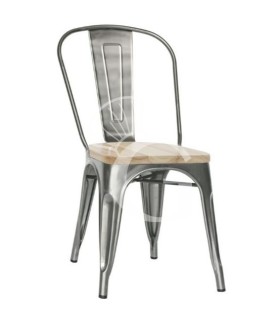 Metallstuhl "XEROX", transparente Lackierung, Sitzfläche aus Holz