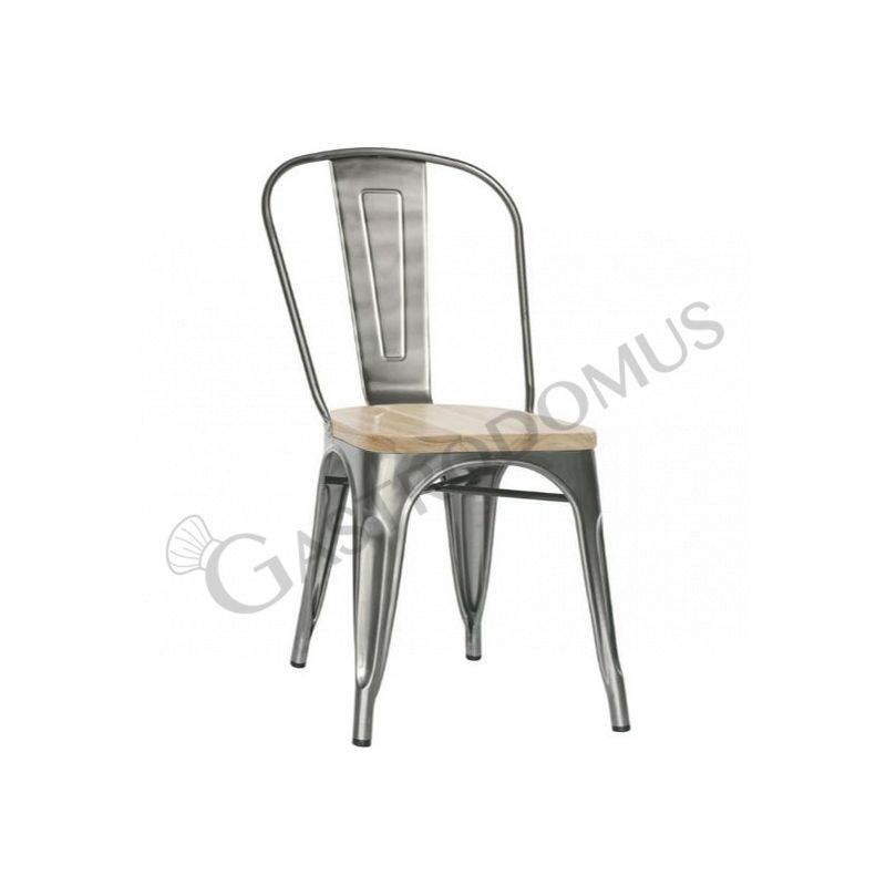 Metallstuhl "XEROX", transparente Lackierung, Sitzfläche aus Holz