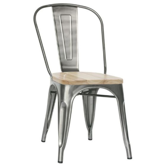 Metallstuhl "XEROX", transparente Lackierung, Sitzfläche aus Holz