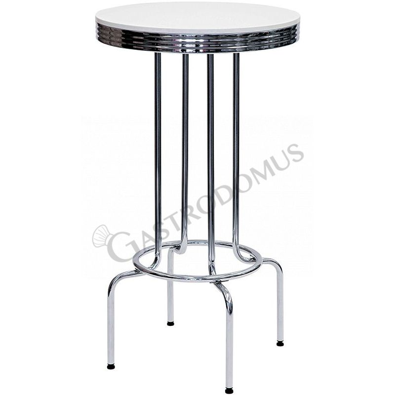 Stahltisch, verchromt, Innenbereich, Polyester-Tischplatte, regulierbare Füße, Ø 760 mm