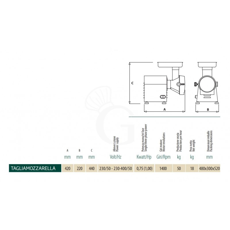 Professioneller Mozzarella-Schneider, einphasig, Reibe, 0,75 kW
