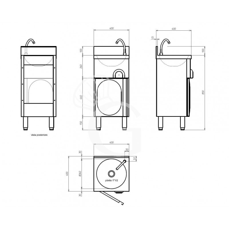 Handwaschbecken, Edelstahl, mit Unterschrank, Kniebedienung, Flügeltür