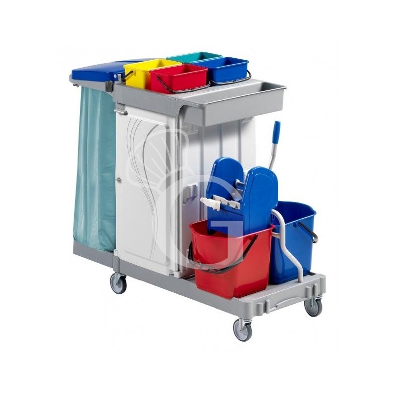 Systemwagen/Reinigungswagen, 6 Eimer, Mopp- und Besenstielhalter, Flaschenhalter, B 1330 mm x T 680 mm x H 1240 mm Systemwagen/Reinigungswagen, 6 Eimer, Mopp- und Besenstielhalter, Flaschenhalter, B 1330 mm x T 680 mm x H 1240 mm