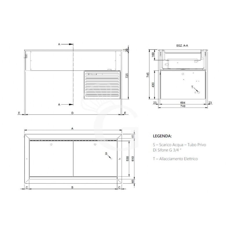 Einbau – Kühlwanne – Umluftkühlung – verstellbare Wanne – Abmessungen B 1135 x T 740 x H 745 mm