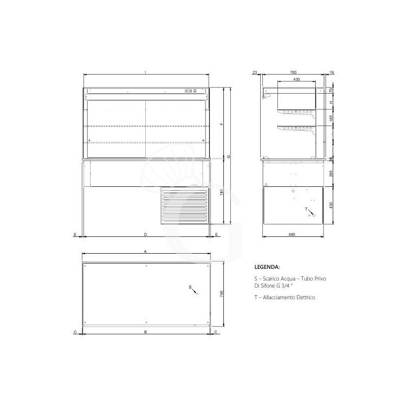 Kühlvitrine – Umluftkühlung – kubisch – 2 Ablagen – Kundenseitevorhang – B 810 mm