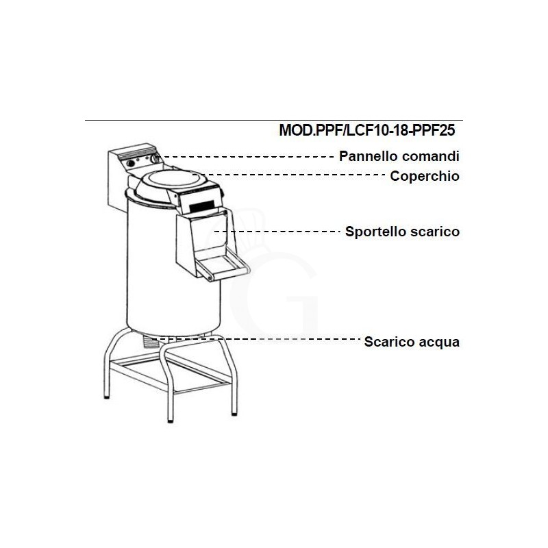 Kartoffelschäler – Standgerät – Untergestell – Seitenschleife – einphasig – Kapazität 10 Kg – Leistung 120 Kg/H
