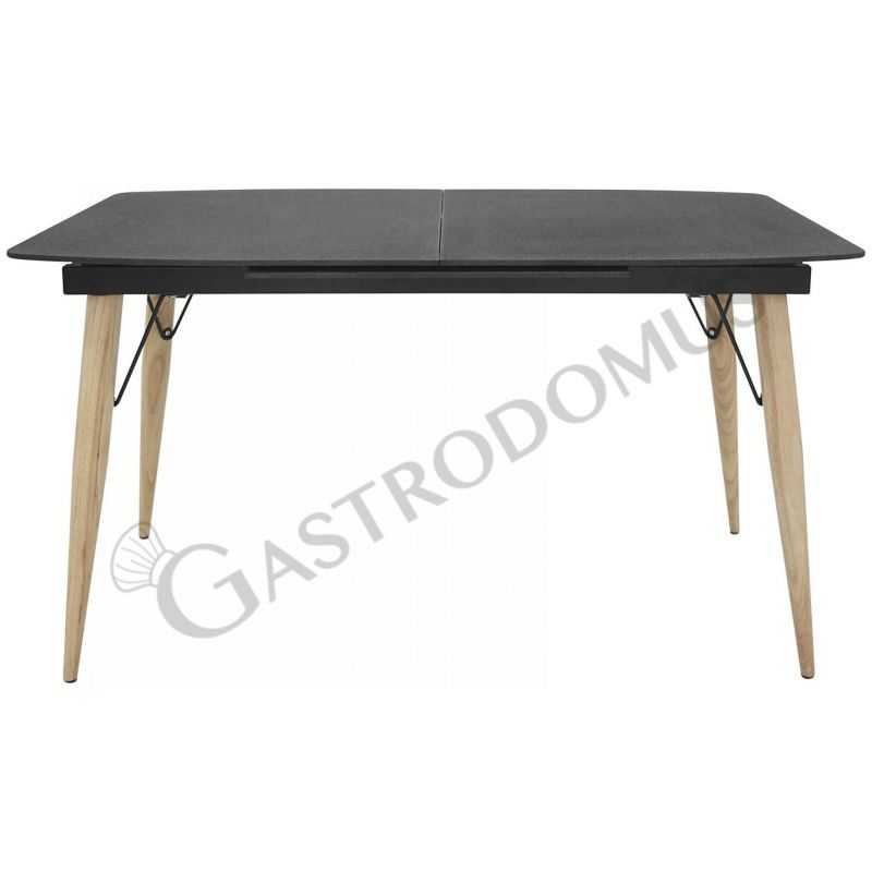 Tisch, Holzbeine, Kristall-Tischplatte, Metall, Länge 1400/2000 mm
