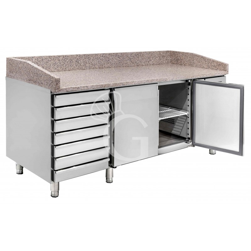 Pizzakühltisch, 2 Türen, 7 Schubladen, 390 Liter, Gitter 600 x 400 mm