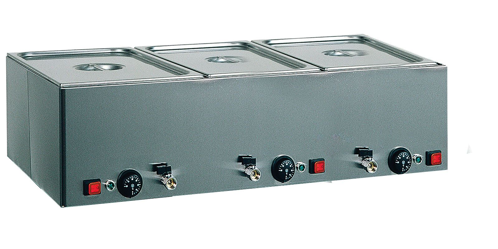 Bain-Marie (B 990 x T 540 x H 220 mm), 3 GN1/1 Becken mit unabhängiger Temperatur, Ablasshähne