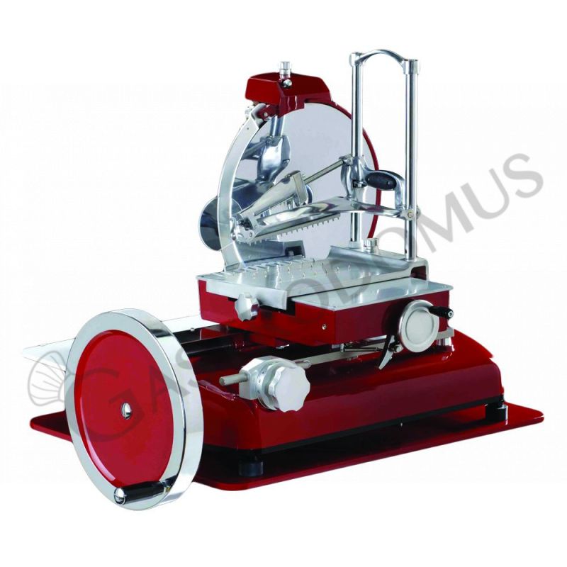 Schwungrad Aufschnittmaschine aus Aluminium mit Einbrennlackierung, Messerdurchmesser 370 mm, Nutzschnitt L 270 mm x H 250 mm
