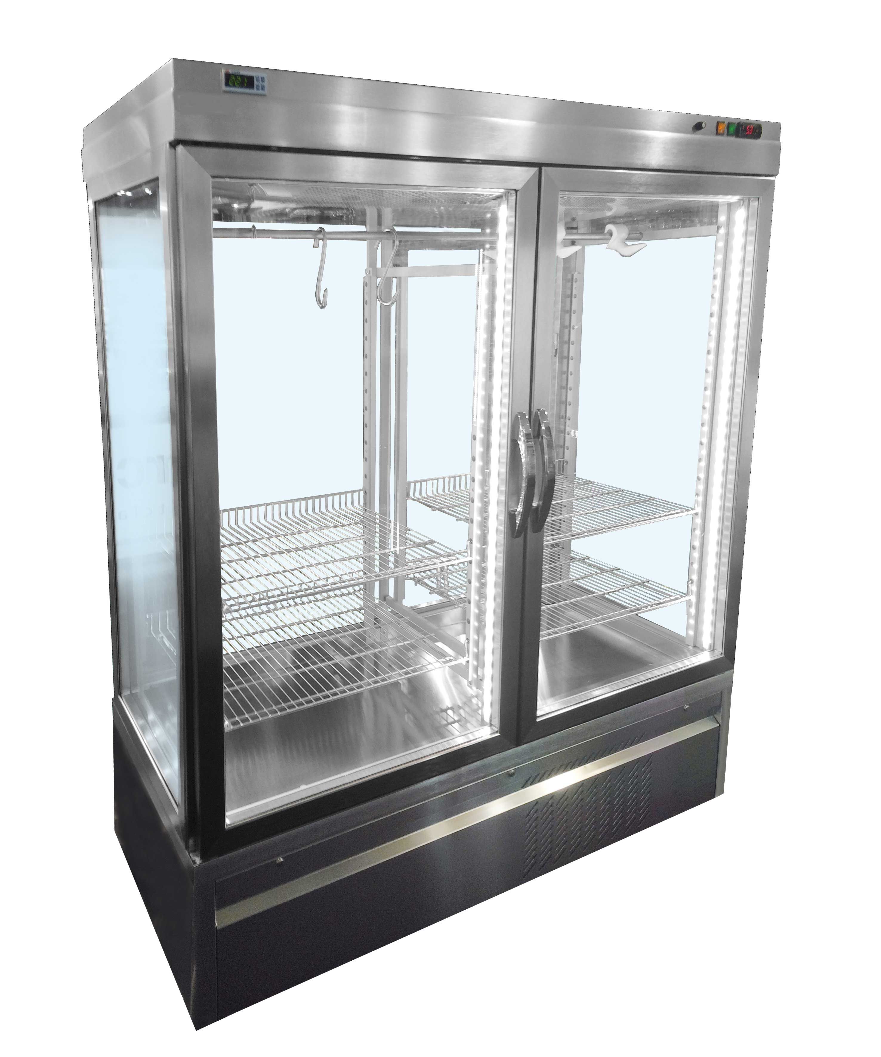 Belüftete Fleischkühlvitrine, Außenmaße B 760 mm x T 760 mm x H 1960 mm, 2 Innenroste, Temperatur -5°C/+ 10°C