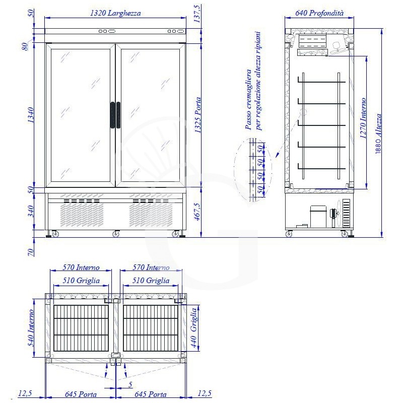 Konditorei - Kühlvitrine (915 Liter), 2-türig, statisch, +2°C/+10°C, 3 Glasseiten
