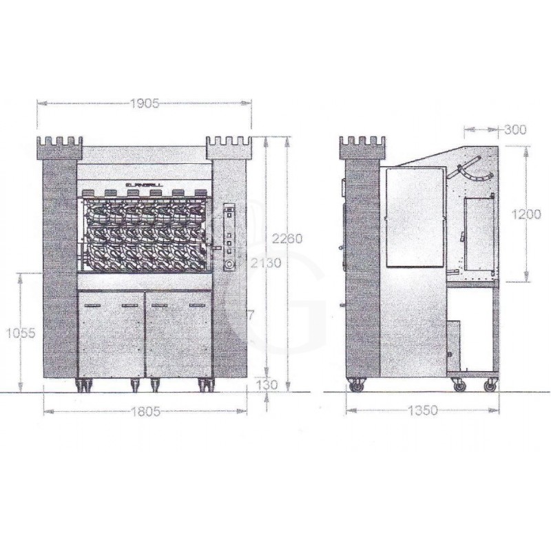 Holzbeheizter Hähnchengrill, Rotation, B 1900 mm x T 1350 mm x H 2320 mm, für 126 Hähnchen