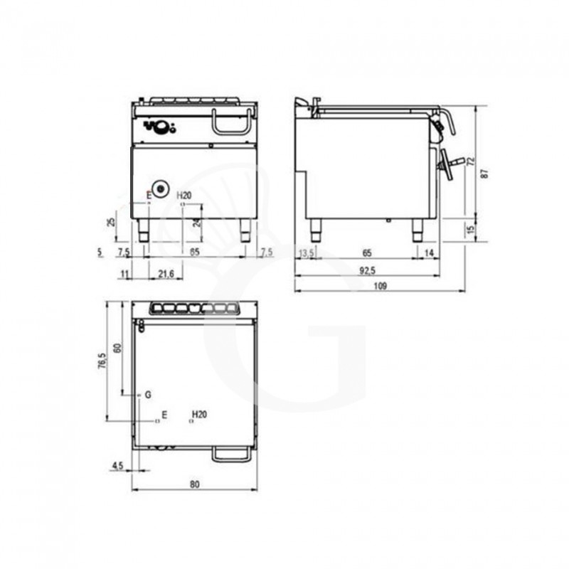 Gas Kippbratpfanne, 80 Liter, Standgerät, automatische Kippung, B 800 mm x T 900 mm x H 870 mm