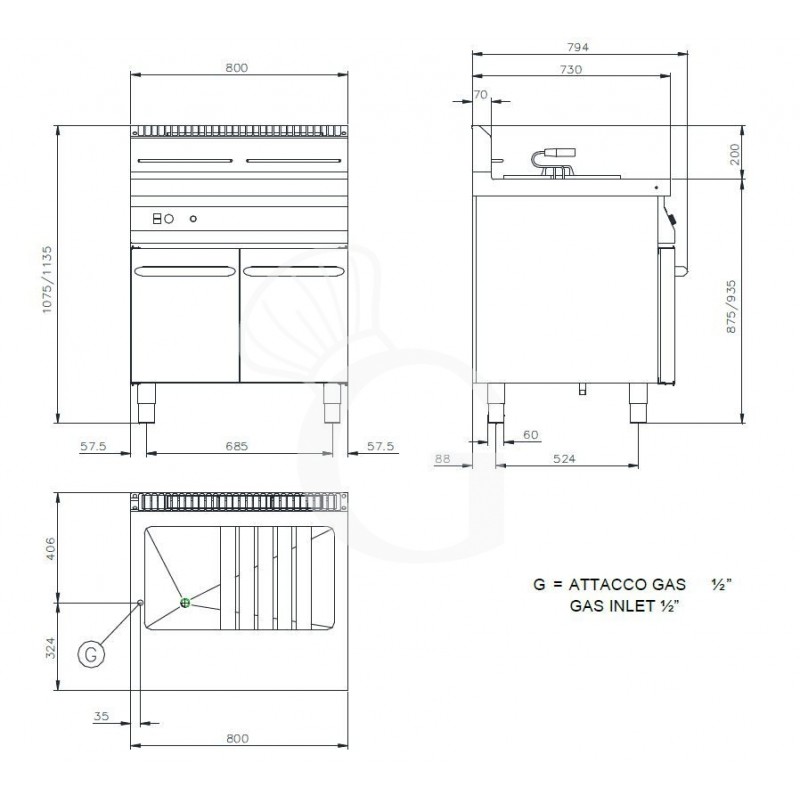 Gas Backwaren-Fritteuse mit Schrank, Standgerät, 1 Becken (45 Liter), B 800 mm x T 730 mm x H 900 mm