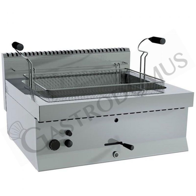 Gas Backwaren-Fritteuse, Tischgerät, 1 Becken (21 Liter), B 700 mm x T 650 mm x H 285 mm Gas Backwaren-Fritteuse, Tischgerät, 1 Becken (21 Liter), B 700 mm x T 650 mm x H 285 mm