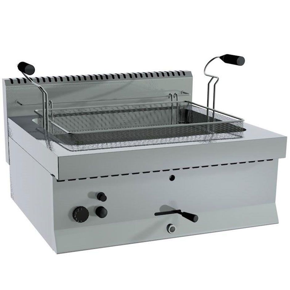 Gas Backwaren-Fritteuse, Tischgerät, 1 Becken (21 Liter), B 700 mm x T 650 mm x H 285 mm