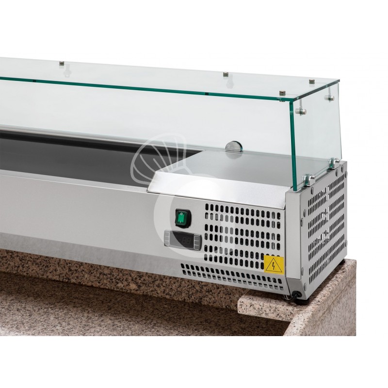 Pizzakühltisch / Saladette, 3 Türen, 6 Schubladen, Temperatur +2°C/+8°C, Arbeitsplatte aus Granit, Kühlaufsatzvitrine