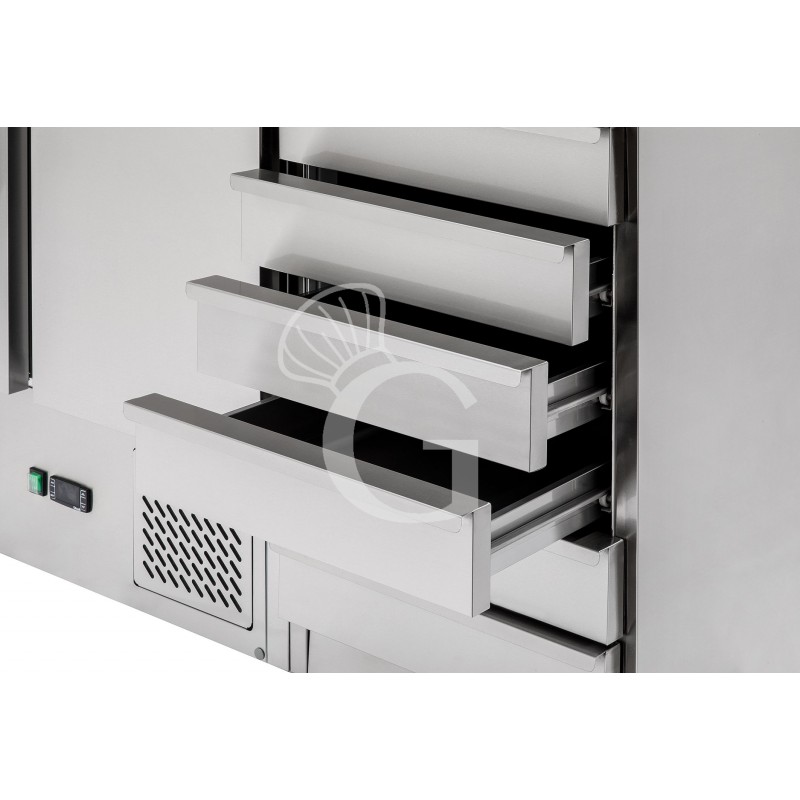 Pizzakühltisch / Saladette, 3 Türen, 6 Schubladen, Temperatur +2°C/+8°C, Arbeitsplatte aus Granit, Kühlaufsatzvitrine
