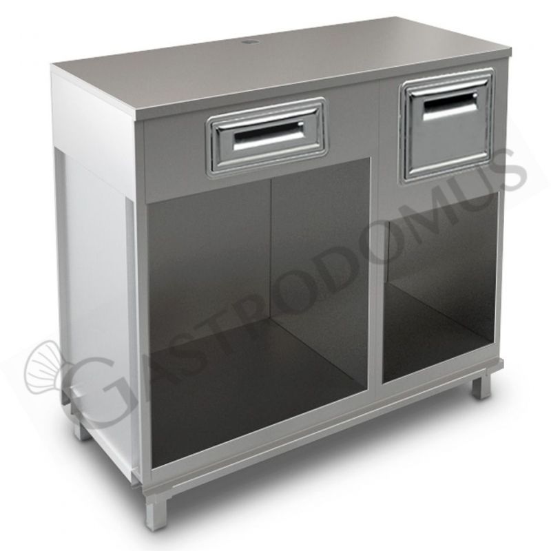 Kaffee Unterschrank, Edelstahl-Arbeitsplatte, Schublade, Kaffeesatz-Behälter/Abklopfkasten, B 1250 mm x T 550 mm x H 1140 mm Kaffee Unterschrank, Edelstahl-Arbeitsplatte, Schublade, Kaffeesatz-Behälter/Abklopfkasten, B 1250 mm x T 550 mm x H 1140 mm