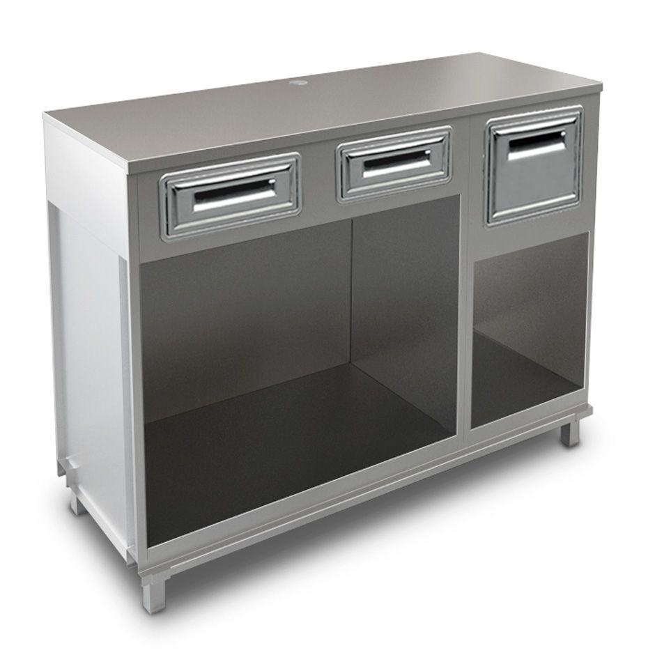 Kaffee Unterschrank, Edelstahl-Arbeitsplatte, 2 Schubladen, Kaffeesatz-Behälter/Abklopfkasten,  B 1500 mm x T 550 mm x H 1140 mm