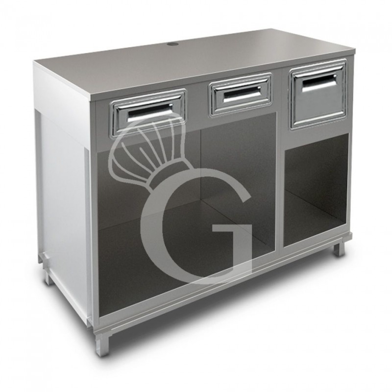 Kaffee Unterschrank, Edelstahl-Arbeitsplatte, 2 Schubladen, Kaffeesatz-Behälter/Abklopfkasten, B 1500 mm x T 670 mm x H 1140 mm Kaffee Unterschrank, Edelstahl-Arbeitsplatte, 2 Schubladen, Kaffeesatz-Behälter/Abklopfkasten, B 1500 mm x T 670 mm x H 1140 mm