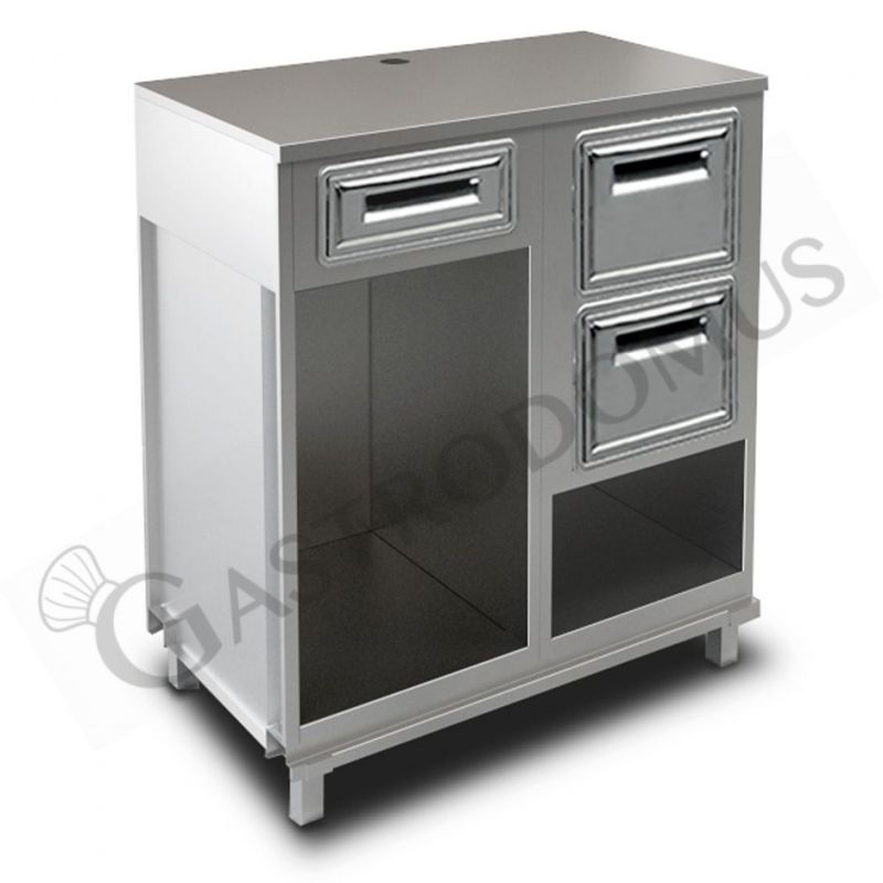 Kaffee Unterschrank, Edelstahl-Arbeitsplatte, Schublade, Abklopfkasten mit Auffangbehälter, B 1000 x T 550 x H 1140 mm Kaffee Unterschrank, Edelstahl-Arbeitsplatte, Schublade, Abklopfkasten mit Auffangbehälter, B 1000 x T 550 x H 1140 mm