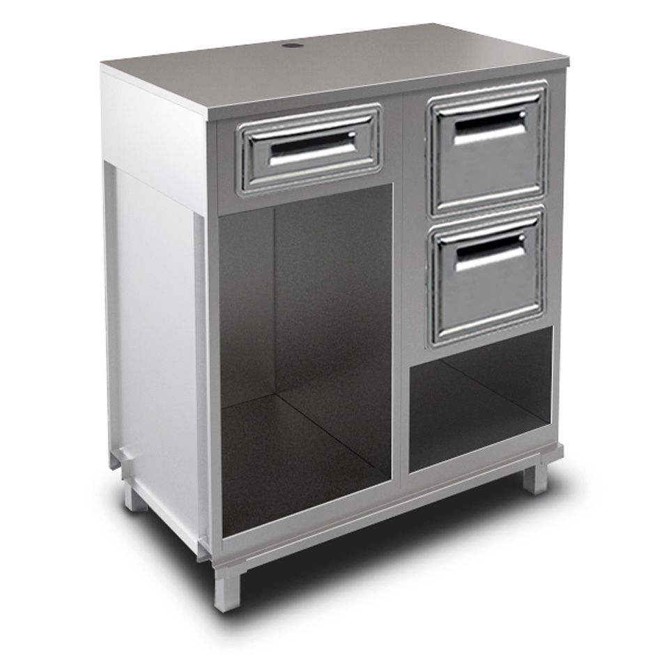 Kaffee Unterschrank, Edelstahl-Arbeitsplatte, Schublade, Abklopfkasten mit Auffangbehälter,  B 1000 x T 550 x H 1140 mm
