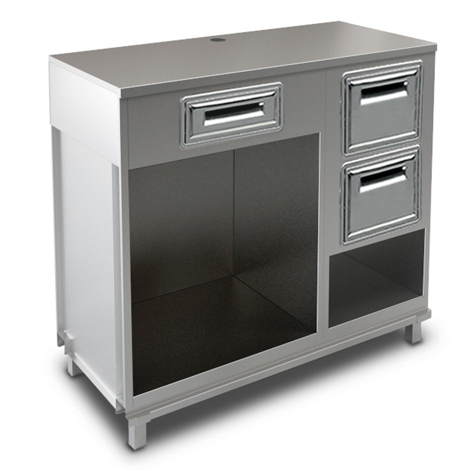 Kaffee Unterschrank, Edelstahl-Arbeitsplatte, Schublade, Abklopfkasten mit Auffangbehälter,  B 1250 x T 550 x H 1140 mm
