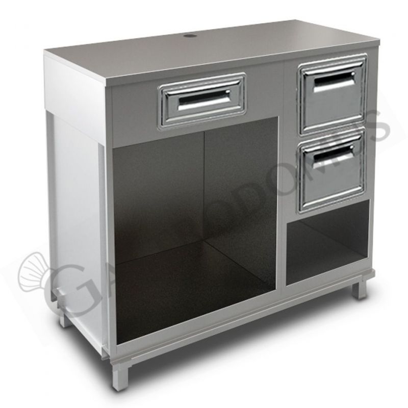 Kaffee Unterschrank, Edelstahl-Arbeitsplatte, Schublade, Abklopfkasten mit Auffangbehälter, B 1250 x T 670 x H 1140 mm Kaffee Unterschrank, Edelstahl-Arbeitsplatte, Schublade, Abklopfkasten mit Auffangbehälter, B 1250 x T 670 x H 1140 mm