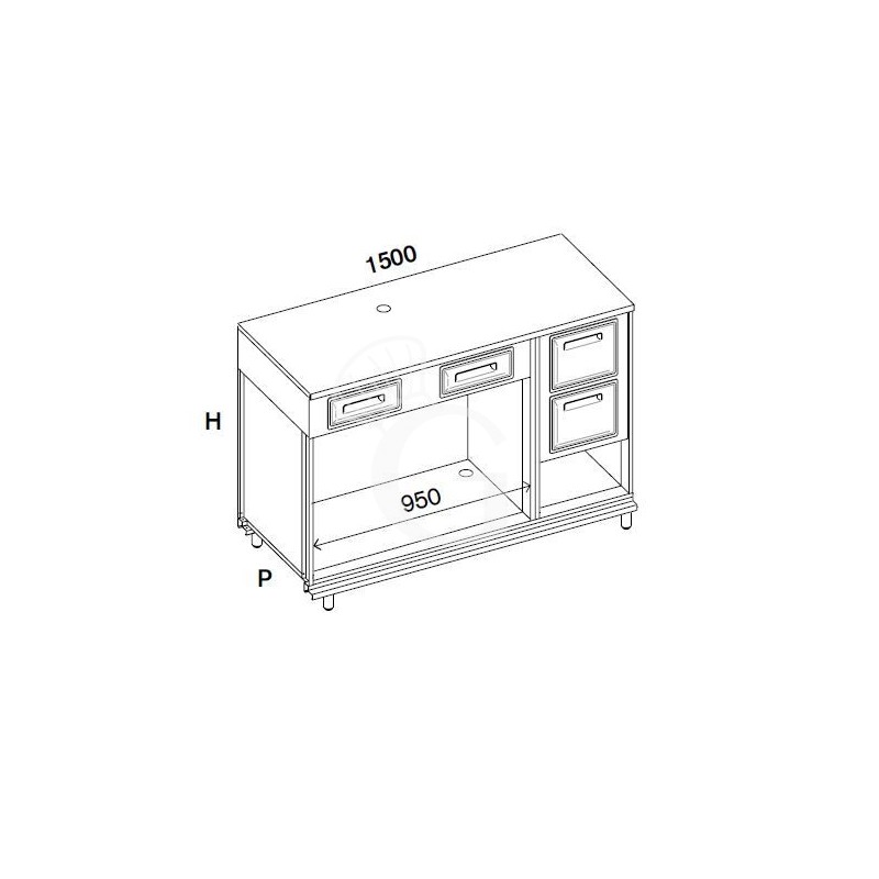 Kaffee Unterschrank, Edelstahl-Arbeitsplatte, 2 Schubladen, Abklopfkasten mit Auffangbehälter,  B 1500 x T 550 x H 1140 mm