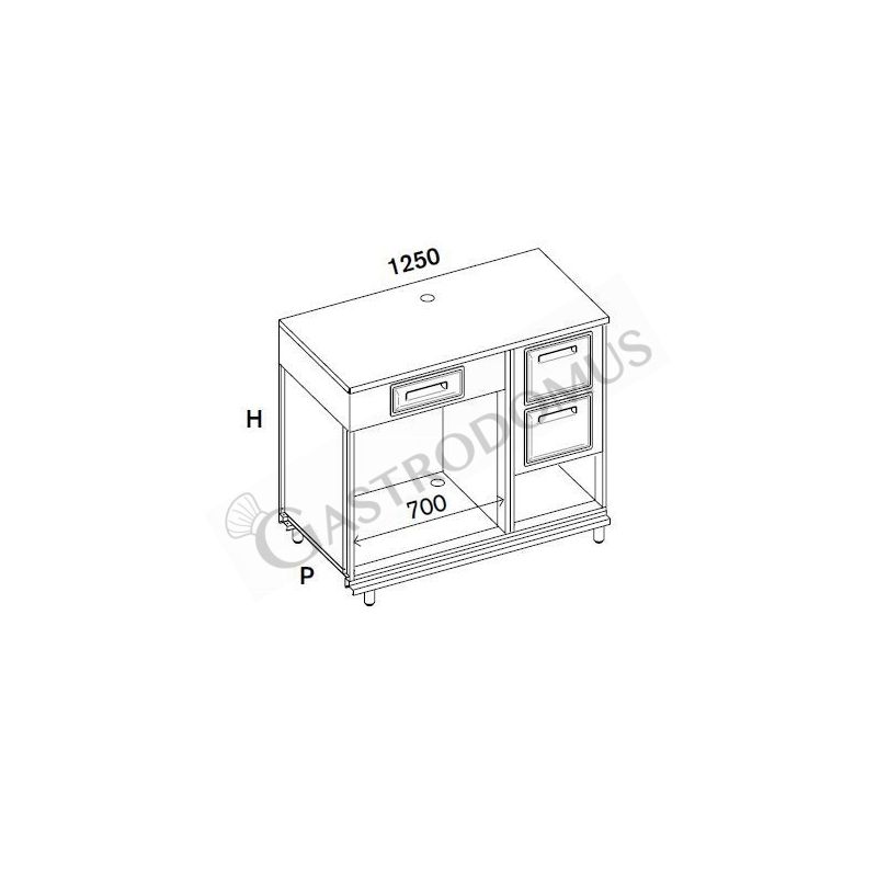 Kaffee Unterschrank, Edelstahl-Arbeitsplatte, Schublade, Abklopfkasten mit Auffangbehälter,  B 1250 x T 670 x H 1140 mm